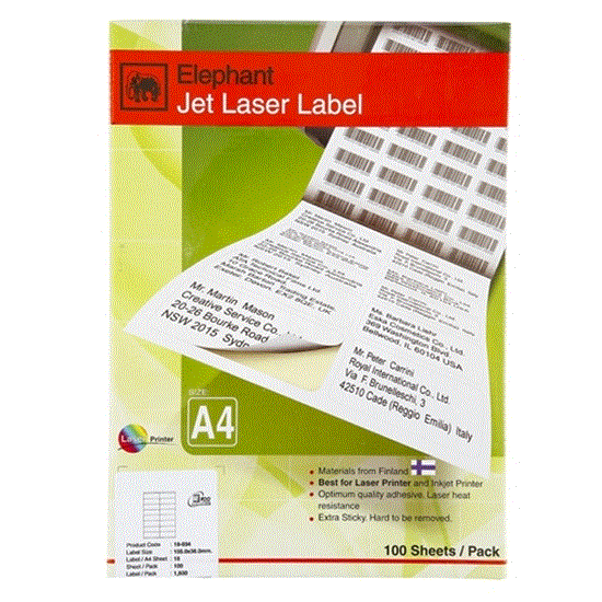 JET LASER LABEL A4 100 SHEETS/PACK เจ็ท เลเซอร์ เลเบิ้ล 18-034