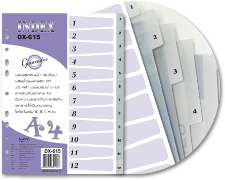 อินเด็กซ์ พลาสติกคั่นแฟ้ม DX-615 เบสิค พลาสติกพีพีสีทึบ 220ไมครอน/A4 12หยัก (1-12) OST